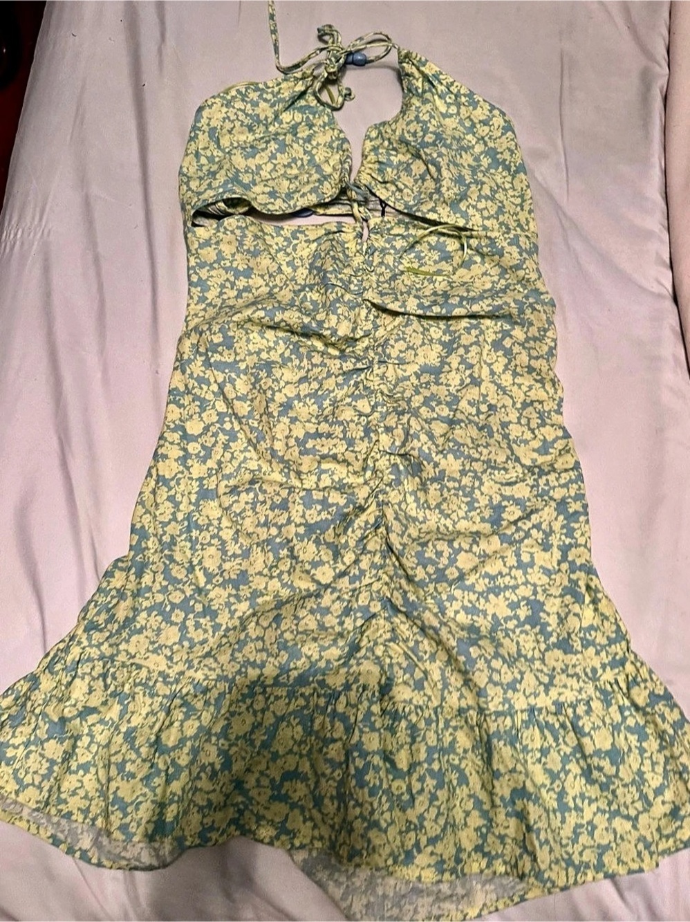 Zara Floral Halter Mini Dress in Green & Yellow